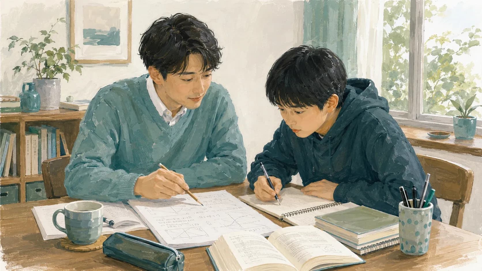 大学受験対策に取り組む高校生と家庭教師のイラスト