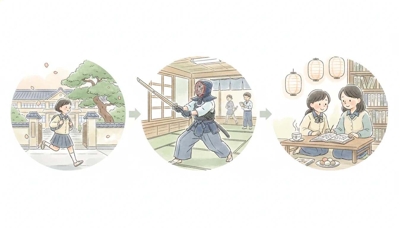 学校・部活・家庭教師のバランスを表す中学生の1日のイラスト